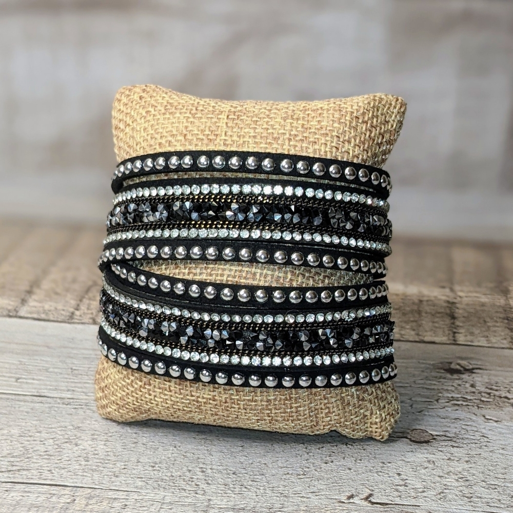 B23 Black & Silver Rhinestone Crystal Wrap Bracelet Silver Studs Double Wrap